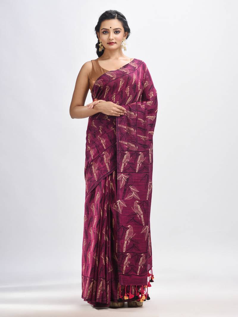 Maroon cotton birds Printed Handloom Saree