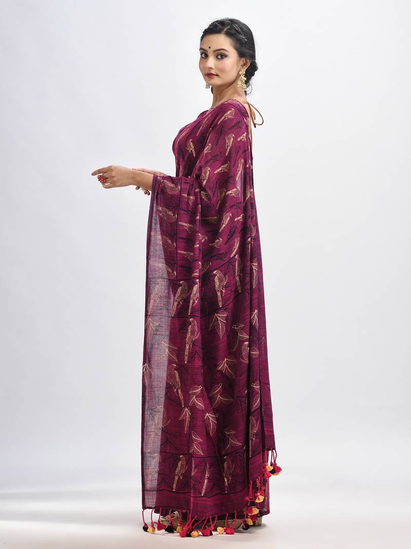 Maroon cotton birds Printed Handloom Saree