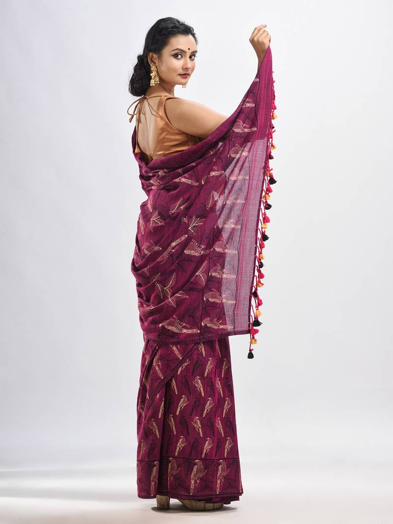 Maroon cotton birds Printed Handloom Saree