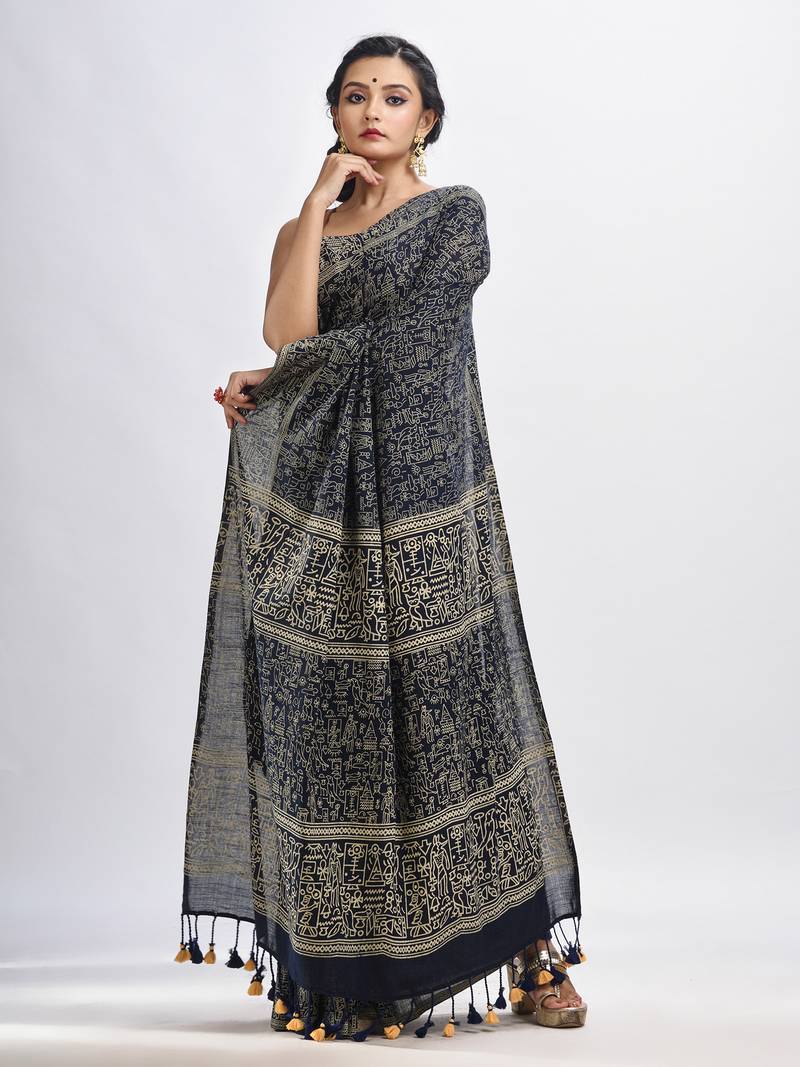 Nevy blue cotton dolls Printed Saree