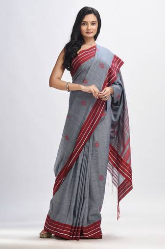 Grey cotton with maroon border handwoven jamdani saree