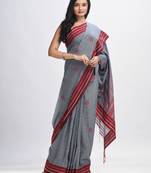 Grey cotton with maroon border handwoven jamdani saree