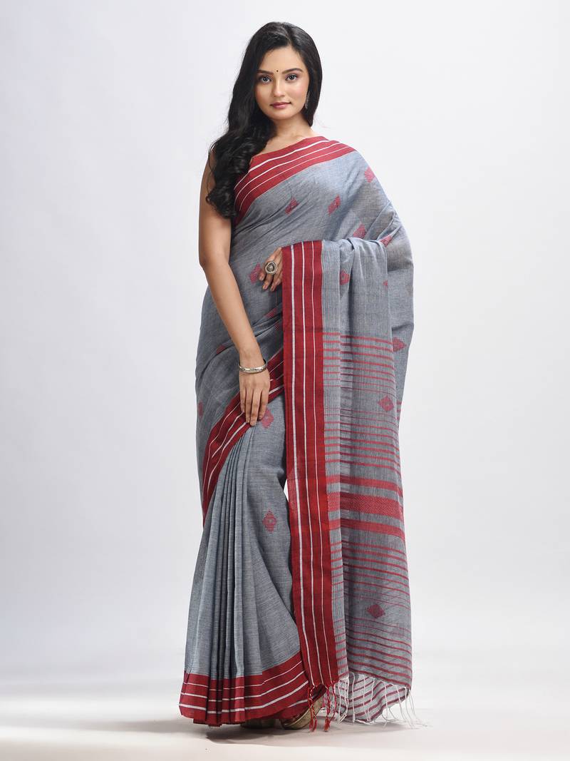 Grey cotton with maroon border handwoven jamdani saree