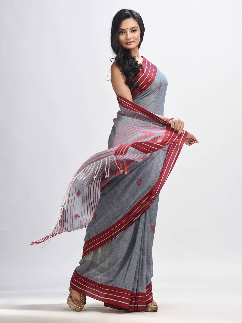 Grey cotton with maroon border handwoven jamdani saree