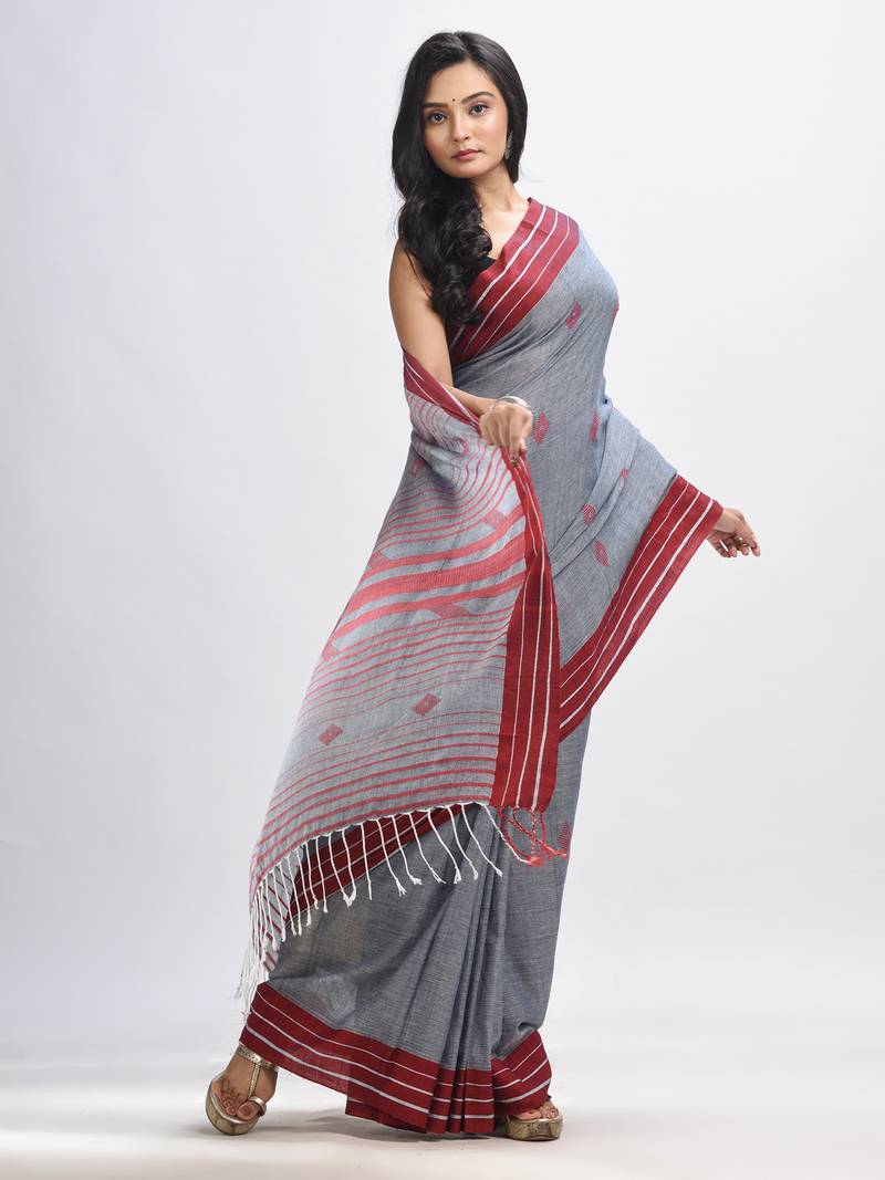 Grey cotton with maroon border handwoven jamdani saree