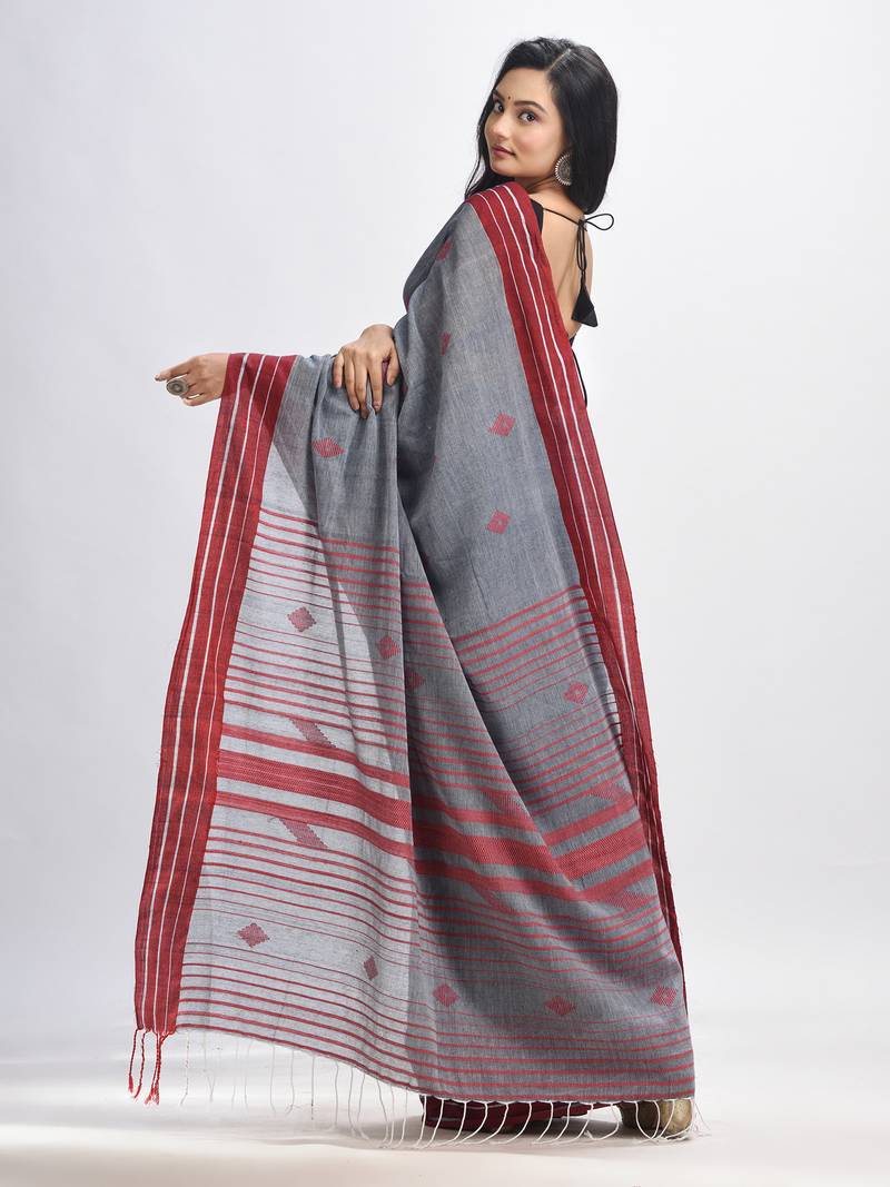 Grey cotton with maroon border handwoven jamdani saree