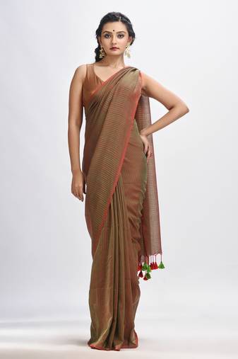 Lime Green Handloom Molmol Zari Cotton Saree Without Blouse