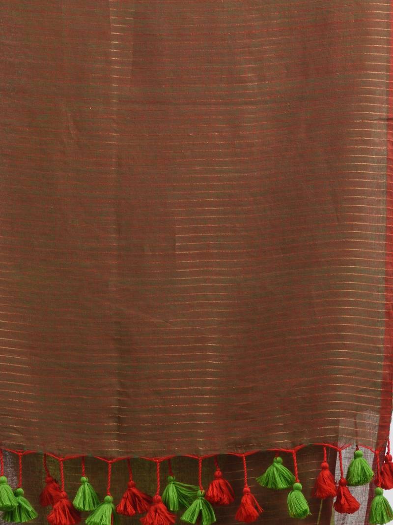 Lime Green Handloom Molmol Zari Cotton Saree Without Blouse