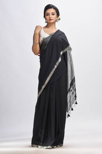 Black Cotton With Zari Pallu And Zari Border Handloom Saree Without Blouse