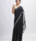 Black Cotton With Zari Pallu And Zari Border Handloom Saree Without Blouse