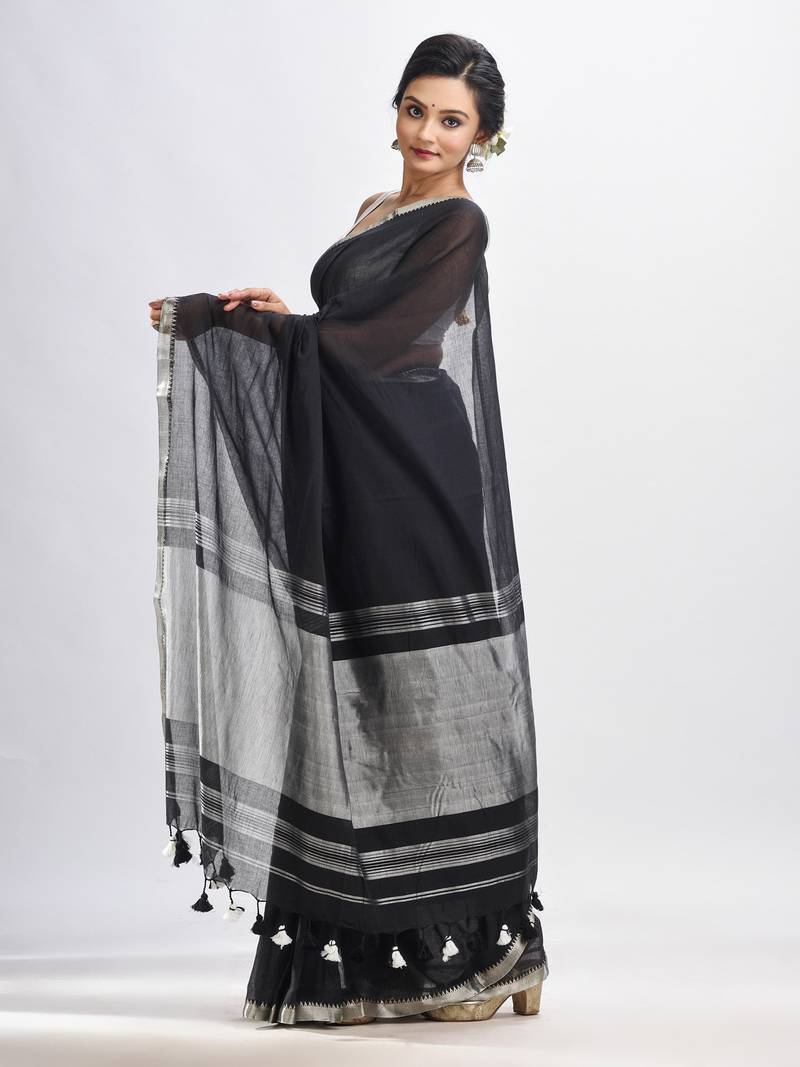 Black Cotton With Zari Pallu And Zari Border Handloom Saree Without Blouse