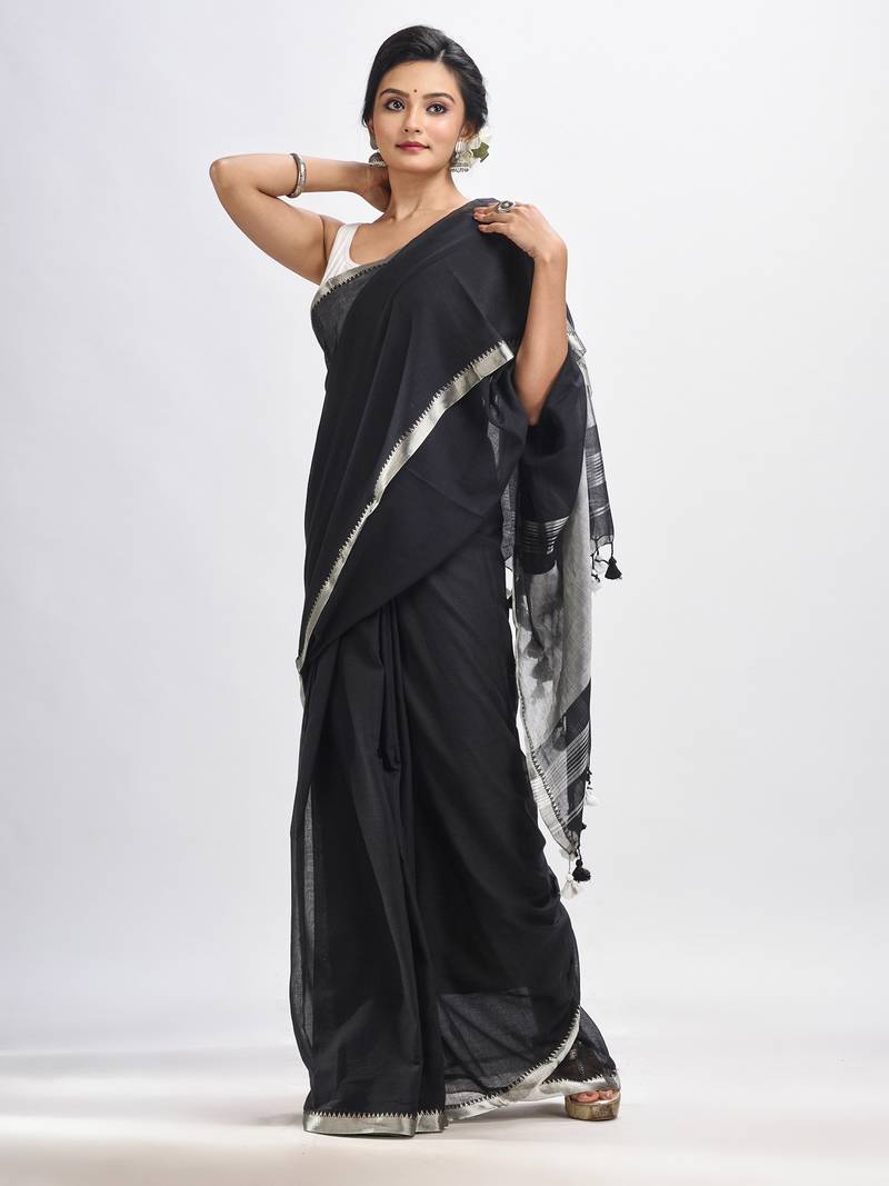 Black Cotton With Zari Pallu And Zari Border Handloom Saree Without Blouse