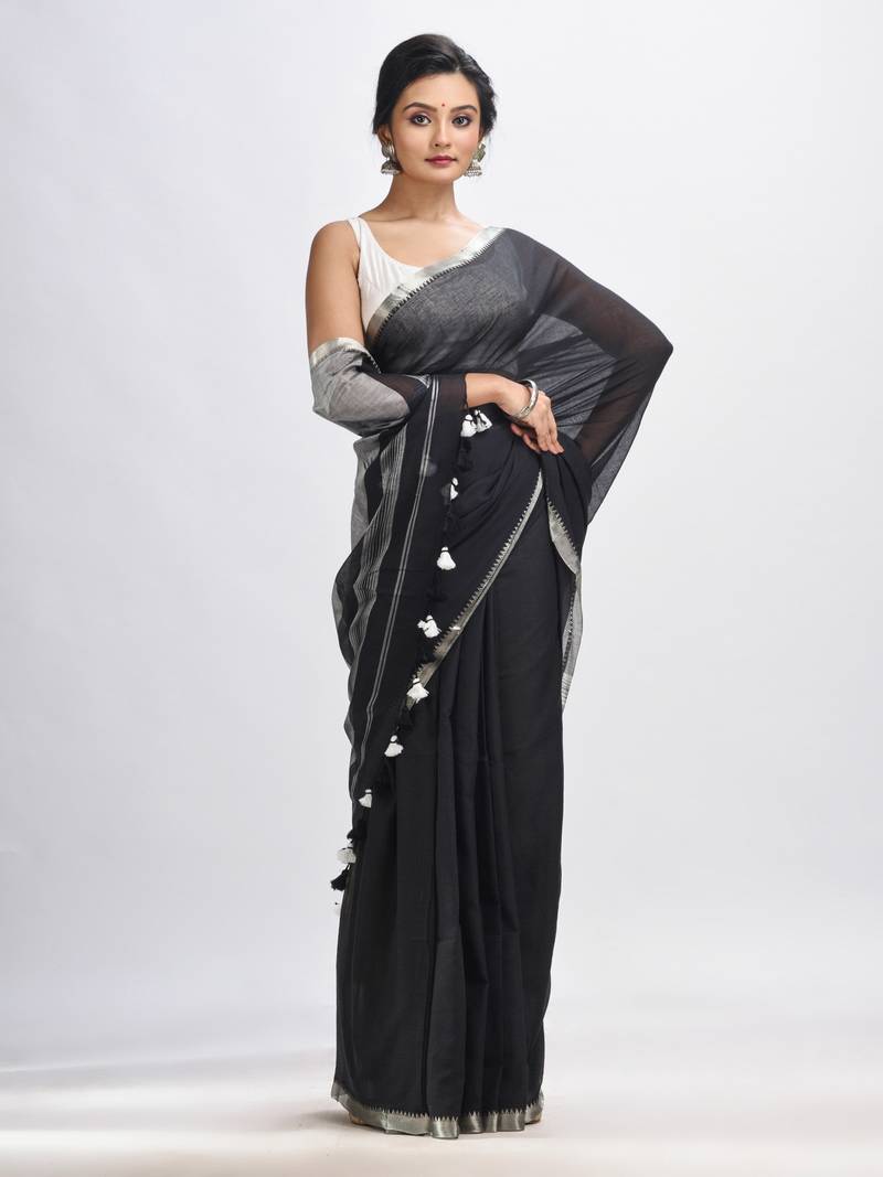 Black Cotton With Zari Pallu And Zari Border Handloom Saree Without Blouse