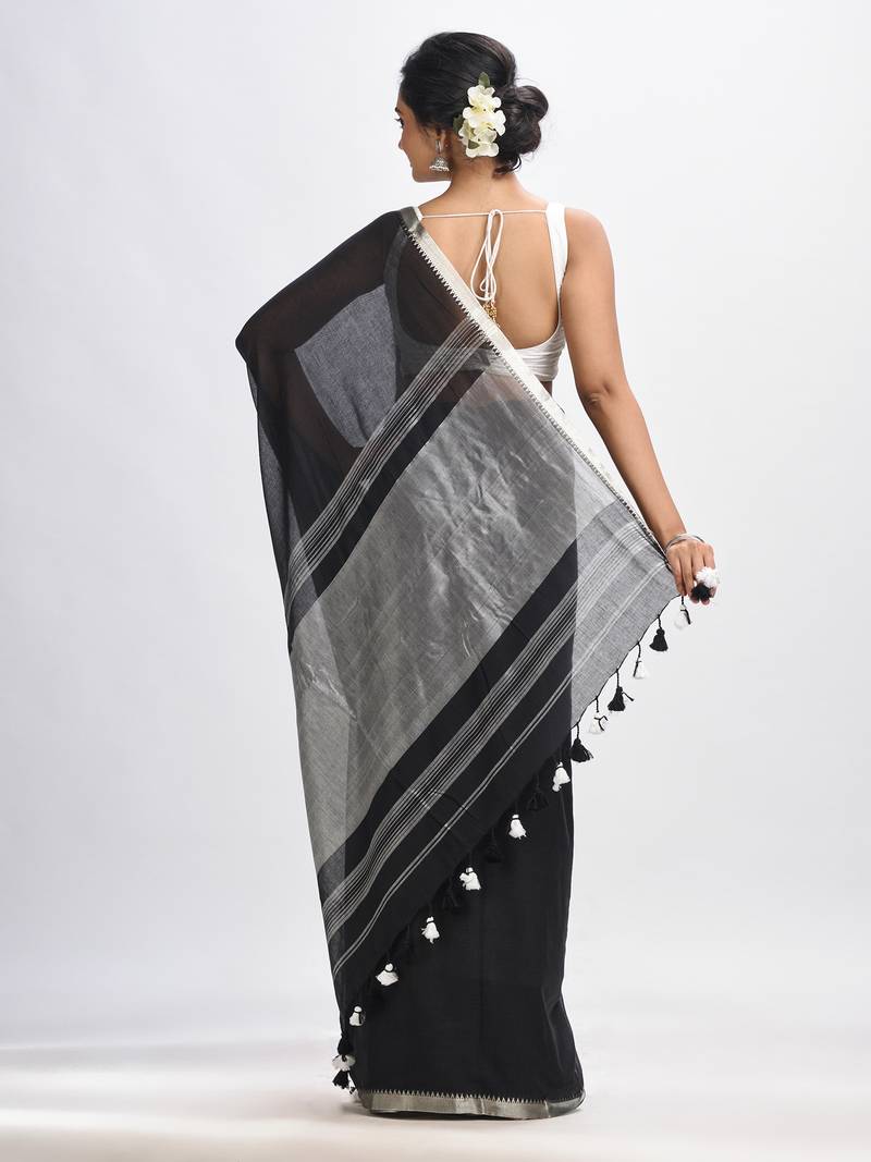 Black Cotton With Zari Pallu And Zari Border Handloom Saree Without Blouse