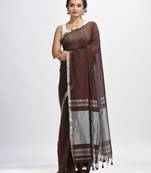 Dark Coffee Cotton With Zari Pallu And Zari Border Handloom Saree Without Blouse