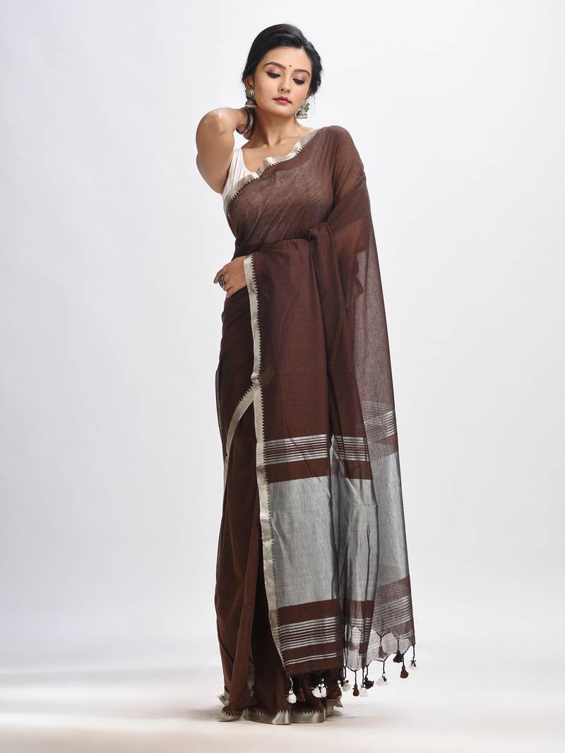 Dark Coffee Cotton With Zari Pallu And Zari Border Handloom Saree Without Blouse