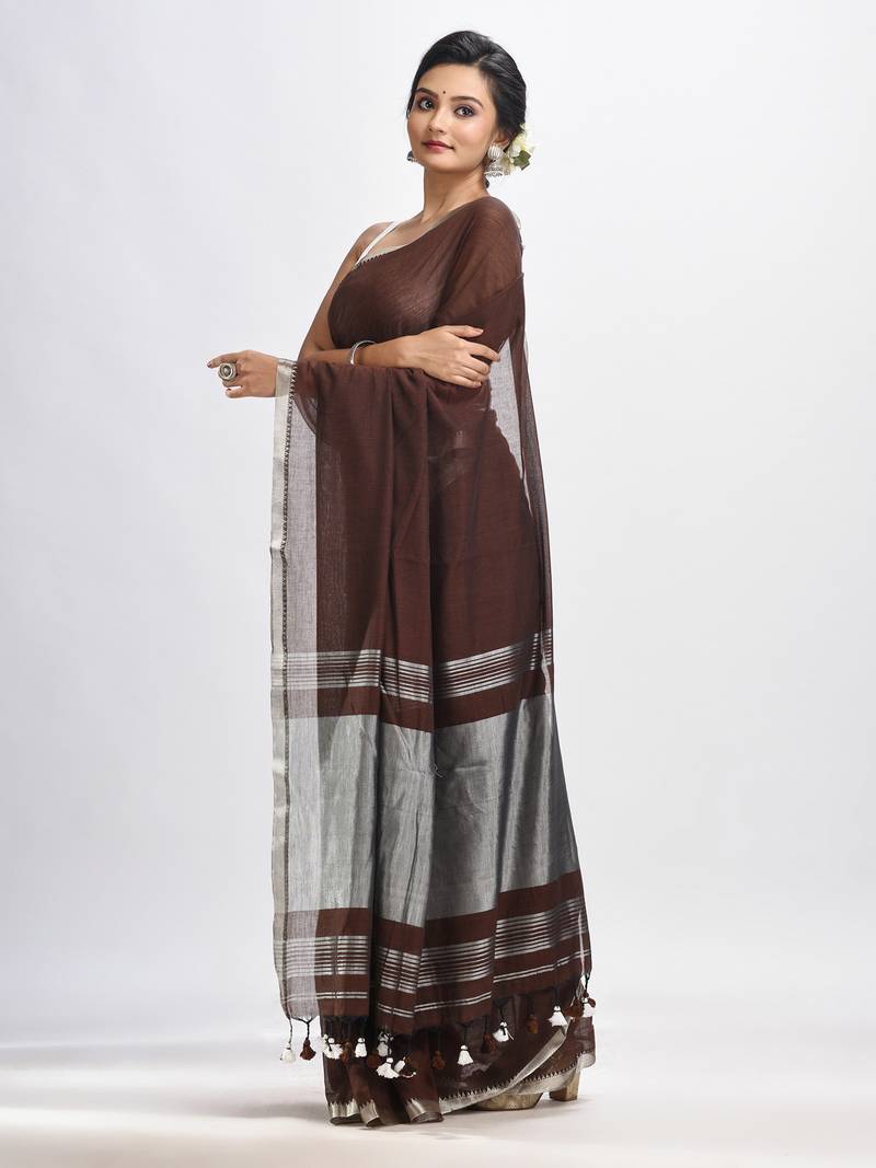 Dark Coffee Cotton With Zari Pallu And Zari Border Handloom Saree Without Blouse