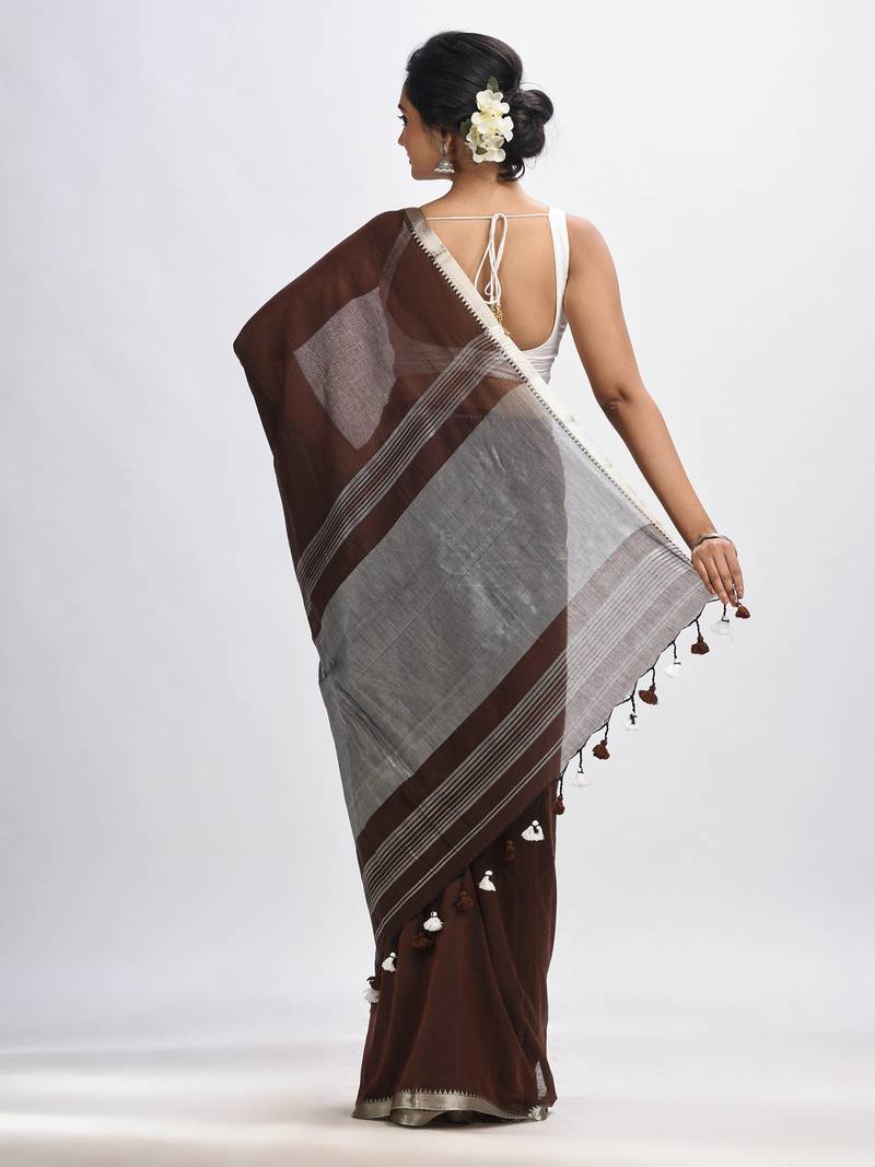 Dark Coffee Cotton With Zari Pallu And Zari Border Handloom Saree Without Blouse