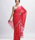 Red Cotton With Zari Pallu And Zari Border Handloom Saree Without Blouse