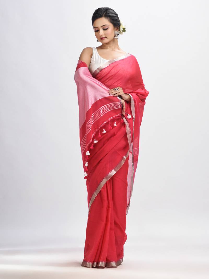 Red Cotton With Zari Pallu And Zari Border Handloom Saree Without Blouse