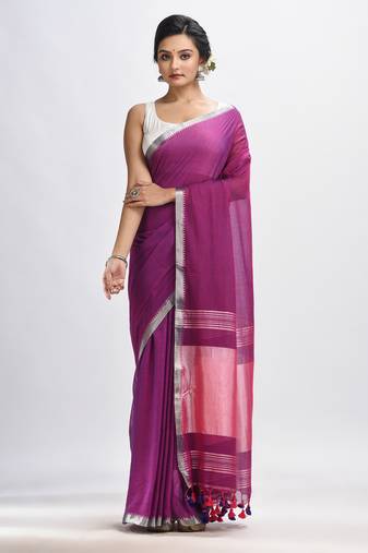 Dark Magenta Cotton With Zari Pallu And Zari Border Handloom Saree Without Blouse