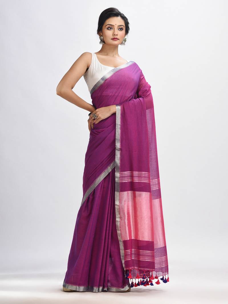 Dark Magenta Cotton With Zari Pallu And Zari Border Handloom Saree Without Blouse