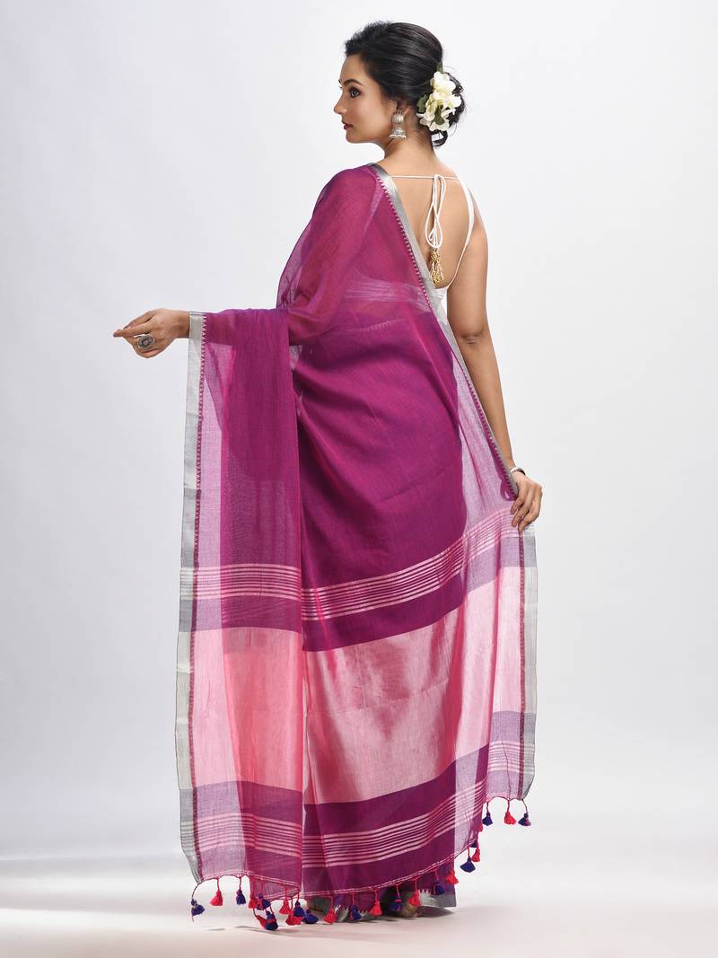 Dark Magenta Cotton With Zari Pallu And Zari Border Handloom Saree Without Blouse