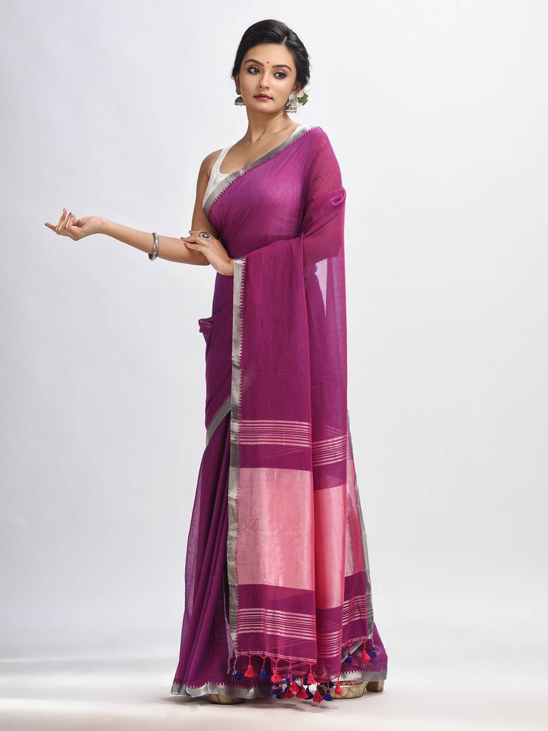 Dark Magenta Cotton With Zari Pallu And Zari Border Handloom Saree Without Blouse
