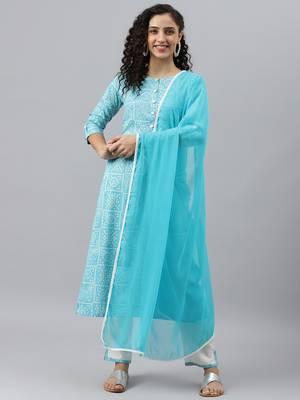 V TRADITION Women Turquoise Blue Bandhani Printed Kurta with Trousers  Dupatta 1