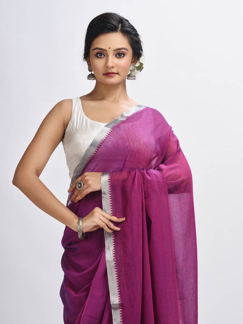 Dark Magenta Cotton With Zari Pallu And Zari Border Handloom Saree Without Blouse