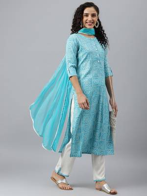 V TRADITION Women Turquoise Blue Bandhani Printed Kurta with Trousers  Dupatta 6