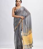 Grey Cotton With Zari Pallu And Zari Border Handloom Saree Without Blouse