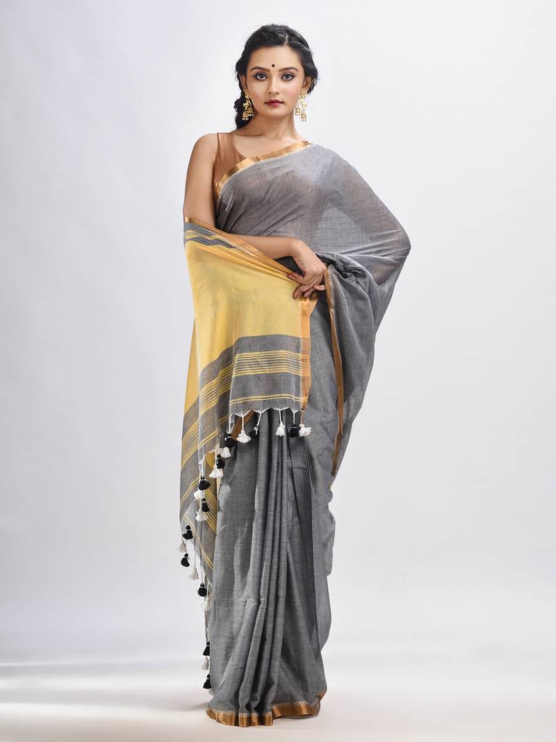 Grey Cotton With Zari Pallu And Zari Border Handloom Saree Without Blouse