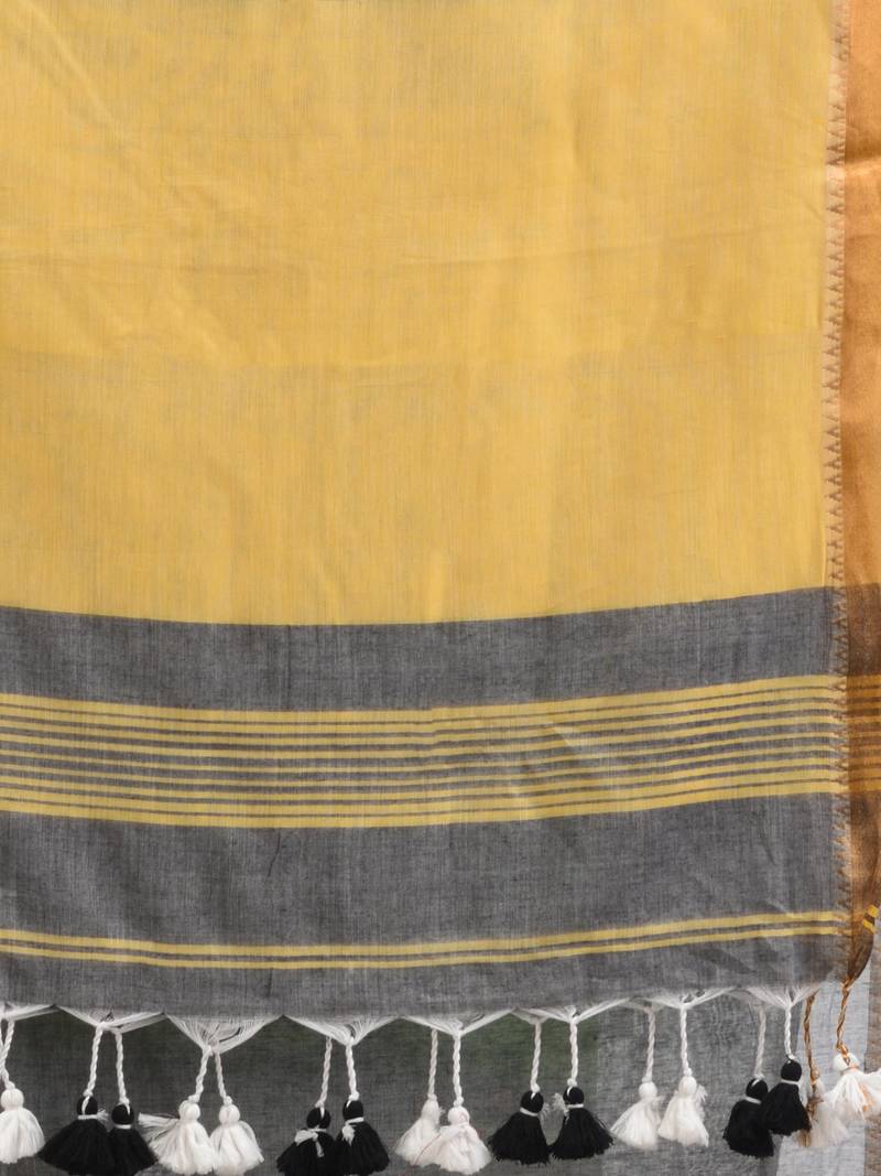 Grey Cotton With Zari Pallu And Zari Border Handloom Saree Without Blouse