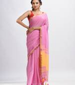Blush Pink Cotton With Zari Pallu And Zari Border Handloom Saree Without Blouse