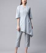 V TRADITION Women Blue Ethnic Motifs Printed Gotta Patti Kurta with Trousers