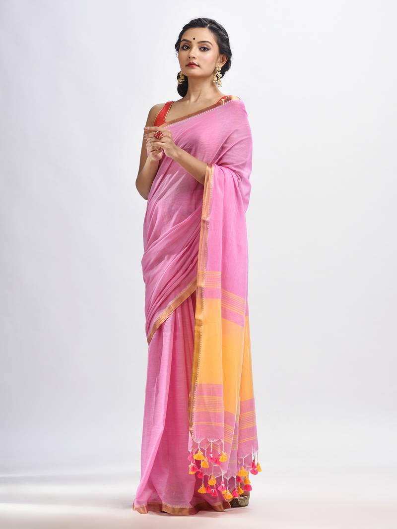 Blush Pink Cotton With Zari Pallu And Zari Border Handloom Saree Without Blouse