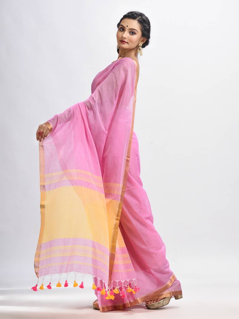 Blush Pink Cotton With Zari Pallu And Zari Border Handloom Saree Without Blouse