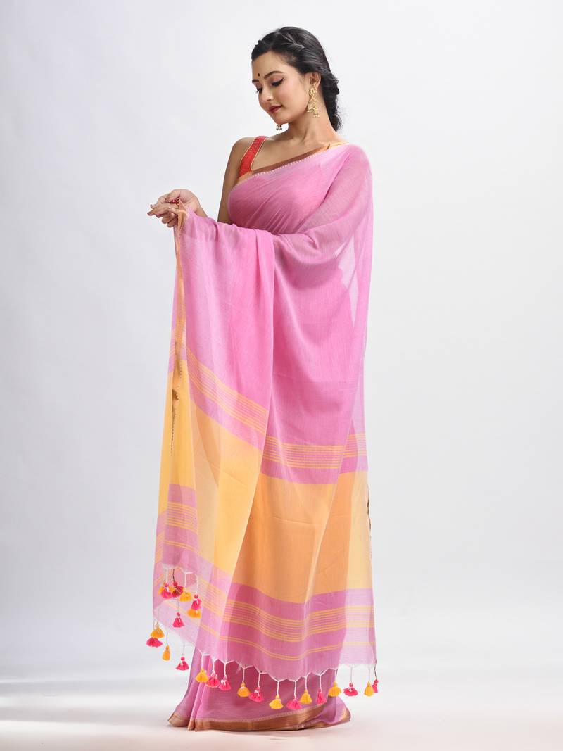 Blush Pink Cotton With Zari Pallu And Zari Border Handloom Saree Without Blouse