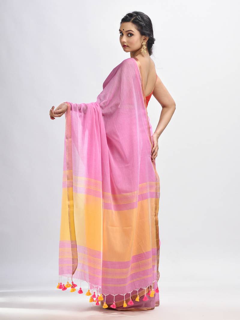 Blush Pink Cotton With Zari Pallu And Zari Border Handloom Saree Without Blouse