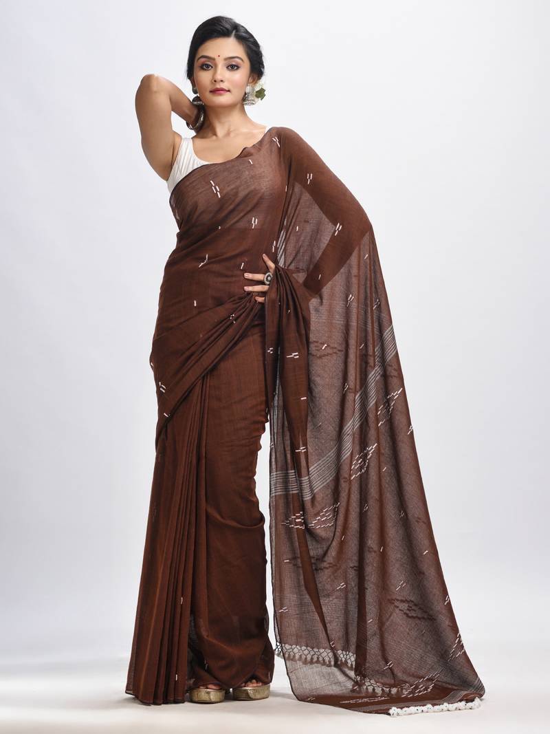 Dark Coffee Body Buti Handloom Molmol Cotton Jamdani Saree Without Blouse