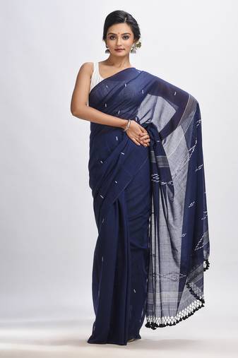 Navy Bule Body Buti Handloom Molmol Cotton Jamdani Saree Without Blouse