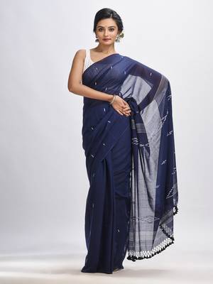 Navy Bule Body Buti Handloom Molmol Cotton Jamdani Saree Without Blouse 1