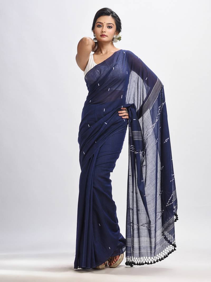 Navy Bule Body Buti Handloom Molmol Cotton Jamdani Saree Without Blouse