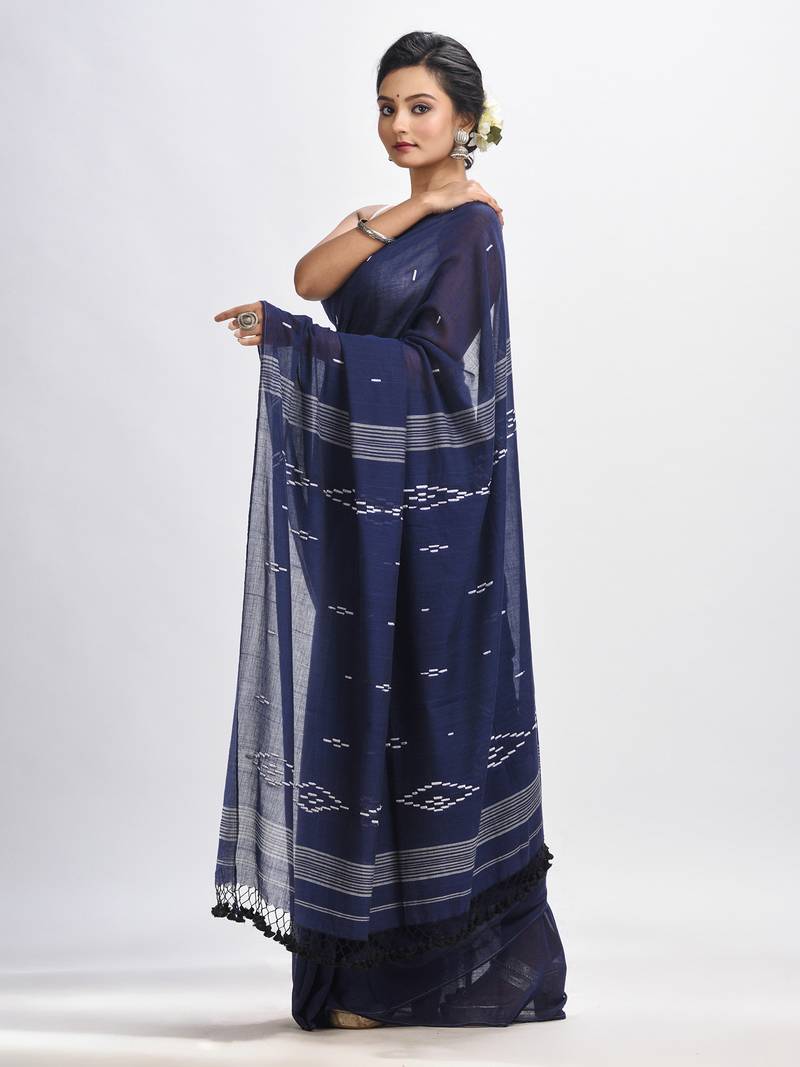 Navy Bule Body Buti Handloom Molmol Cotton Jamdani Saree Without Blouse