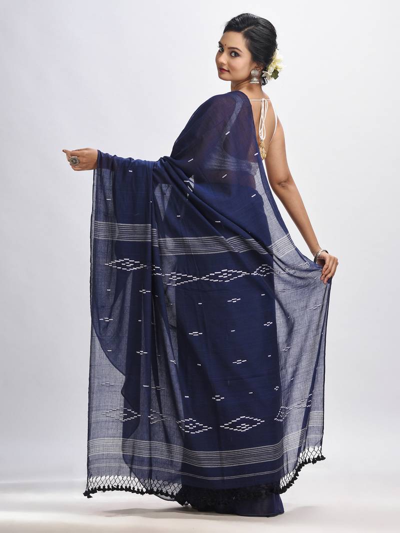 Navy Bule Body Buti Handloom Molmol Cotton Jamdani Saree Without Blouse