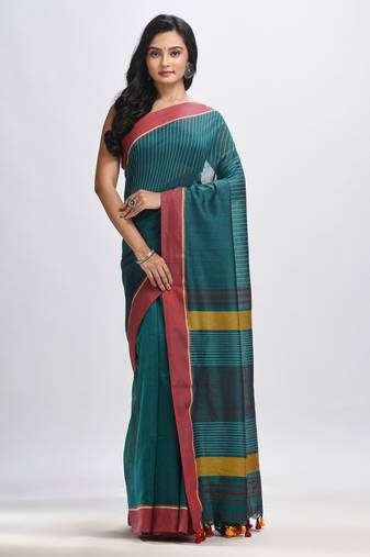 Rama green cotton with red border handwoven jamdani saree