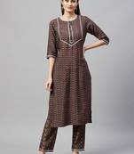 V TRADITION Women Brown  Beige Floral Print Kurta with Trousers