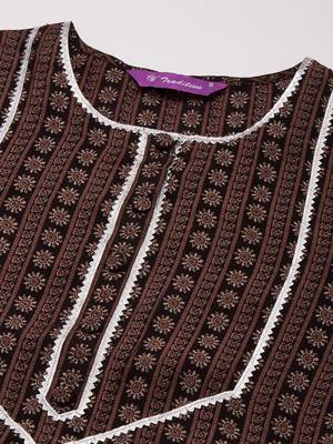 V TRADITION Women Brown  Beige Floral Print Kurta with Trousers 2