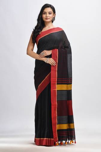 Bkack cotton with red border handwoven jamdani saree